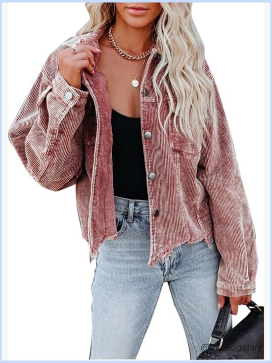 Jackets & Blazers - Cropped Corduroy Jacket Casual Button Down Shacket Frayed Hem